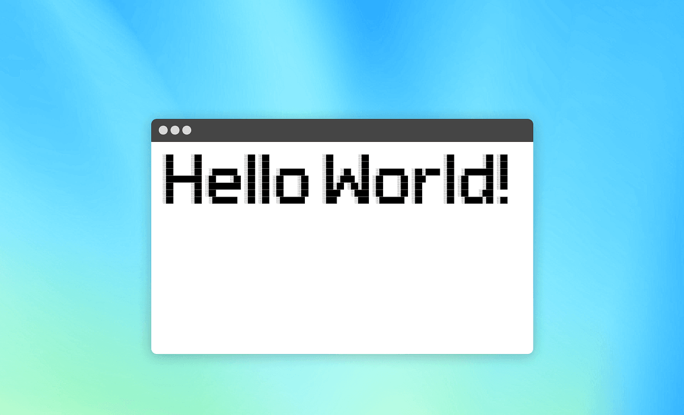 Hello world rendered as pixel ASCII art inside a terminal window